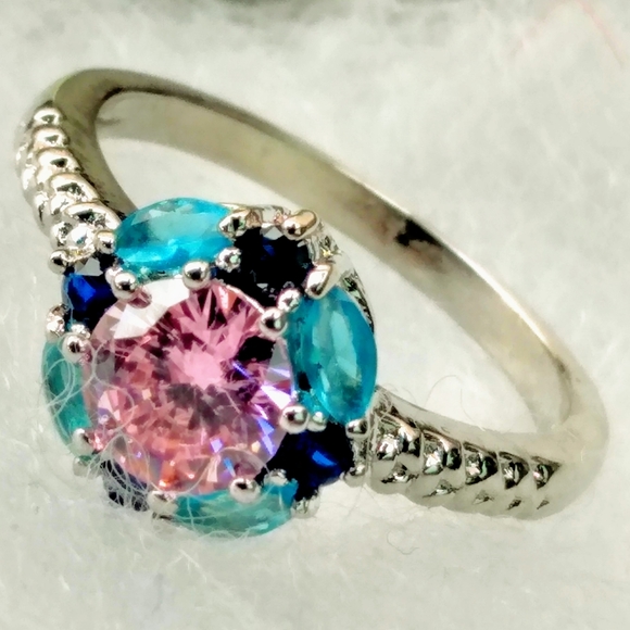 Pink & Blue Sapphires Floral Sterling Silver Ring - Picture 7 of 9